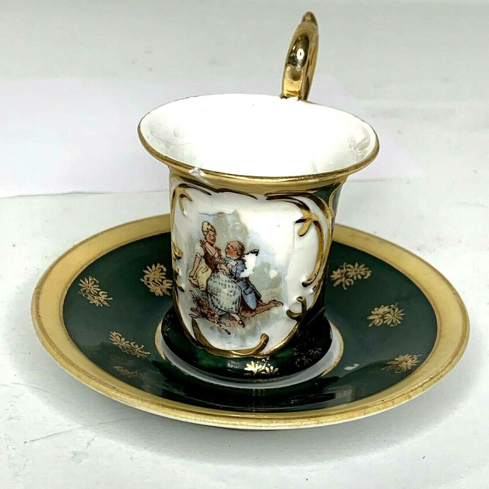 Antique Demitasse Cup And Saucer Courting Scene Germany Dresden Style Green Gold